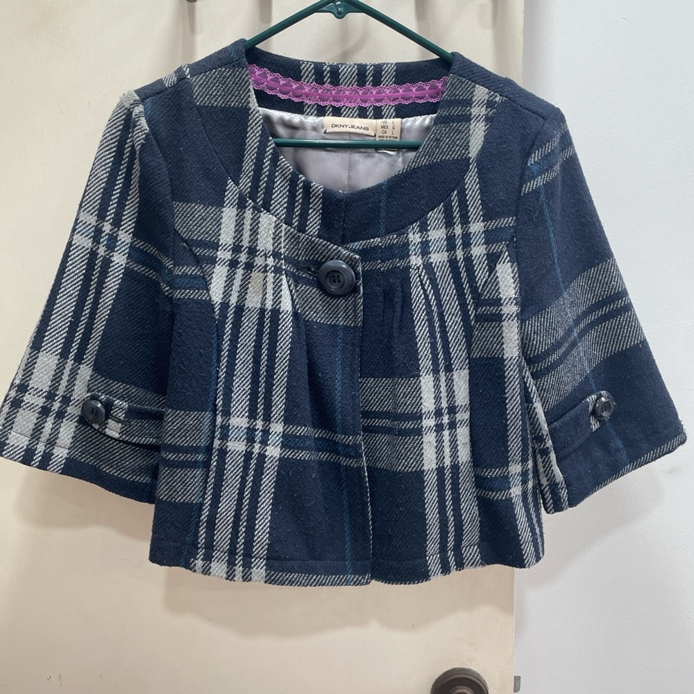 DKNY Navy and White Plaid Pea Coat